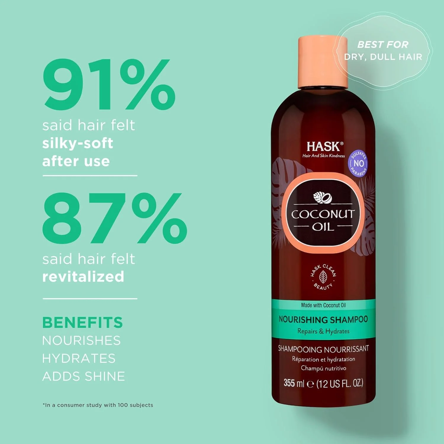 شامپو مغذی روغن نارگیل منوی هاسک 355 میلی لیتر | آبرسان موهای خشک و کدر | فاقد سولفات و پارابن