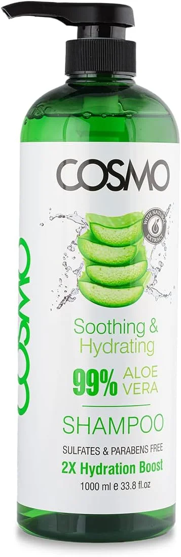 شامپو مو آلوئه ورا 99% تسکین دهنده و آبرسان سی دی COSMO DESIGNS Beauty، 1000 میلی لیتر، مناسب برای آقایان و بانوان، تقویت آبرسانی 2 برابر، بدون پارابن، بدون سولفات، مراقبت از مو، برای انواع مو