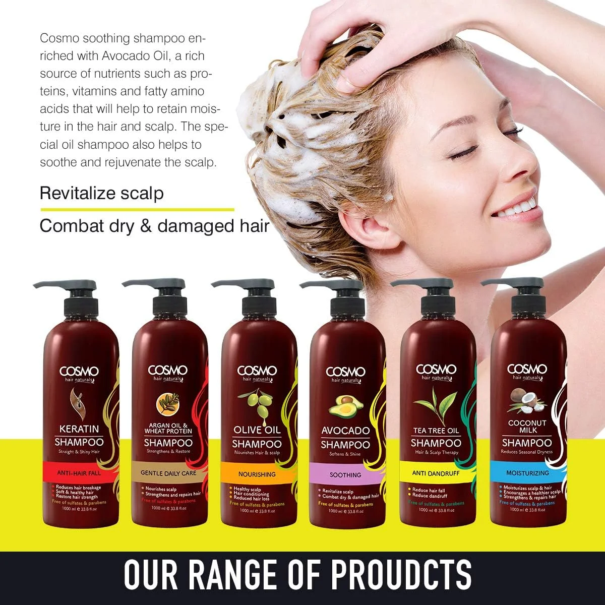 شامپو مو حاوی آووکادو برای انواع مو سی دی COSMO DESIGNS حجم 1000 میلی لیتر، نرم کننده و درخشان کننده، احیا کننده پوست سر، مقابله با موهای خشک و آسیب دیده