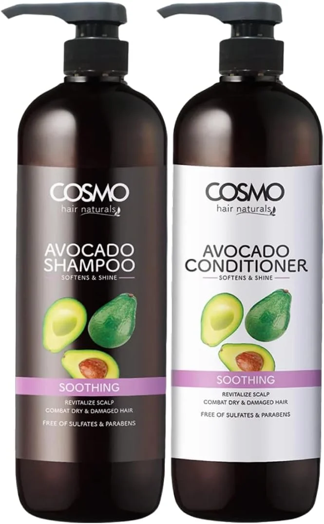 شامپو و نرم کننده تسکین دهنده آووکادو سی دی COSMO DESIGNS، 1000 میلی لیتر، مناسب برای آقایان و بانوان، فاقد سولفات و پارابن، بسته مراقبت از مو 2 در 1، کیت استفاده روزانه
