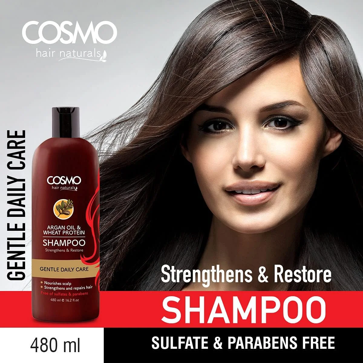 شامپو مو حاوی روغن آرگان و پروتئین گندم مناسب انواع مو سی دی COSMO DESIGNS Hair Naturals حجم 480 میلی لیتر، تغذیه کننده پوست سر، تقویت کننده و ترمیم کننده مو
