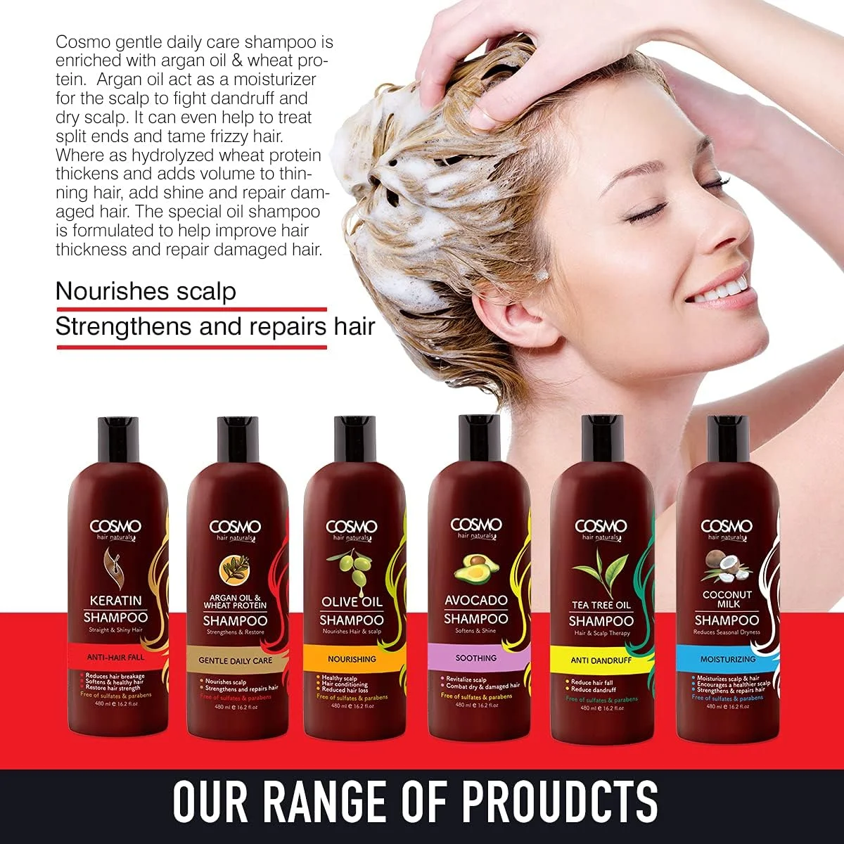 شامپو مو حاوی روغن آرگان و پروتئین گندم مناسب انواع مو سی دی COSMO DESIGNS Hair Naturals حجم 480 میلی لیتر، تغذیه کننده پوست سر، تقویت کننده و ترمیم کننده مو