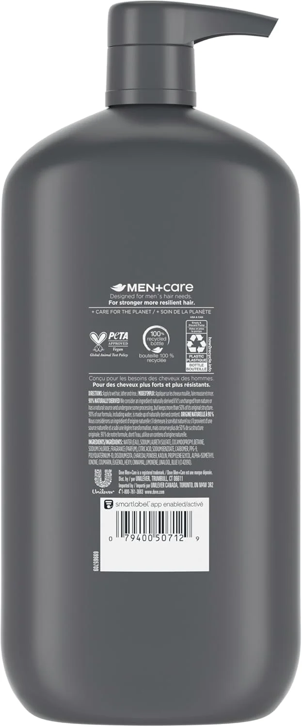 شامپو پاک کننده ذغالی داو مردانه + مراقبت، ذغال + خاک رس برای موهای قوی تر و مقاوم تر، با پاک کننده های گیاهی، 920 میلی لیتر