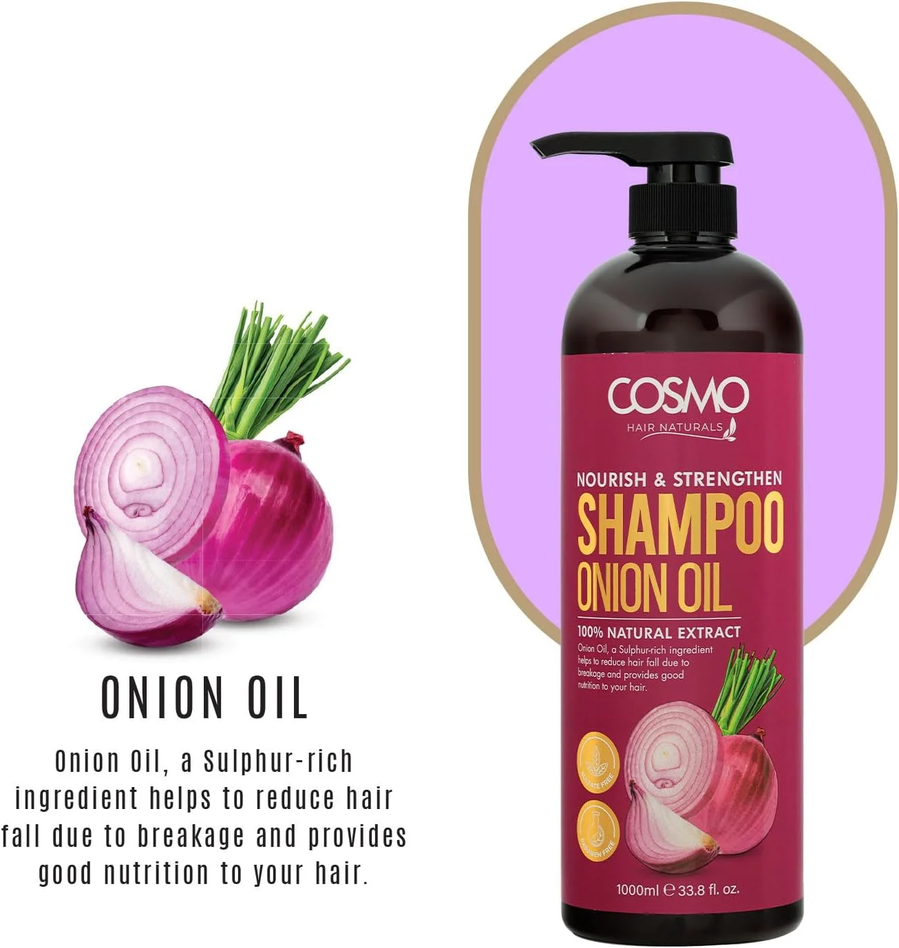 شامپو روغن پیاز مغذی و تقویت کننده مو سی دی COSMO DESIGNS، ۱۰۰۰ میلی لیتر، ۳۳.۸ fl.oz، مناسب آقایان و بانوان، شامپوها، فاقد پارابن، فاقد سولفات، مراقبت از مو، عصاره ۱۰۰% طبیعی، برای استفاده روزانه