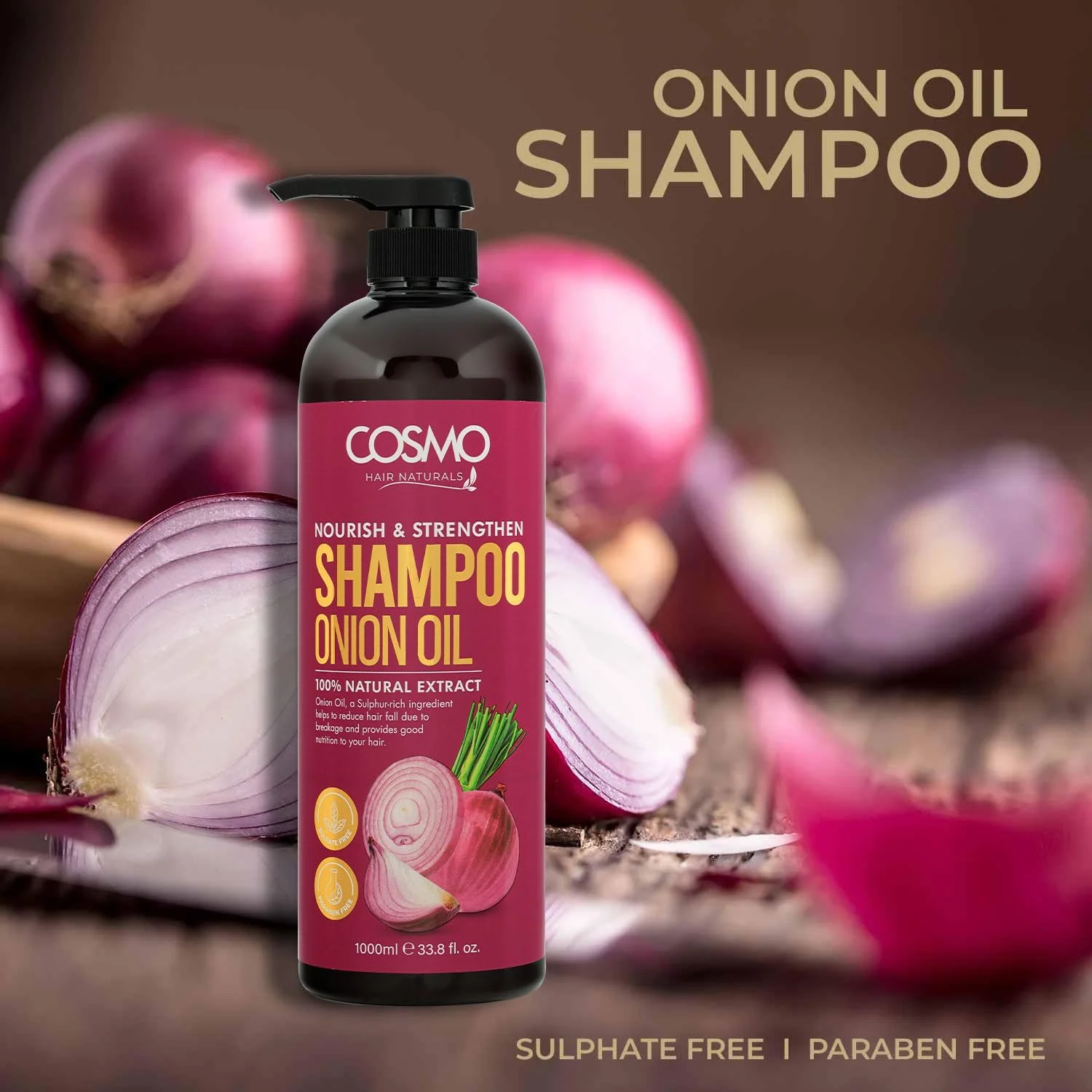 شامپو روغن پیاز مغذی و تقویت کننده مو سی دی COSMO DESIGNS، ۱۰۰۰ میلی لیتر، ۳۳.۸ fl.oz، مناسب آقایان و بانوان، شامپوها، فاقد پارابن، فاقد سولفات، مراقبت از مو، عصاره ۱۰۰% طبیعی، برای استفاده روزانه