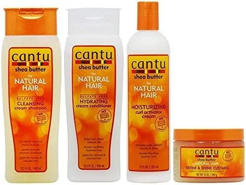 مجموعه شامپو کرمی پاک کننده، نرم کننده، کرم فعال کننده فر و کاستارد درخشان کننده و حالت دهنده مو Cantu
