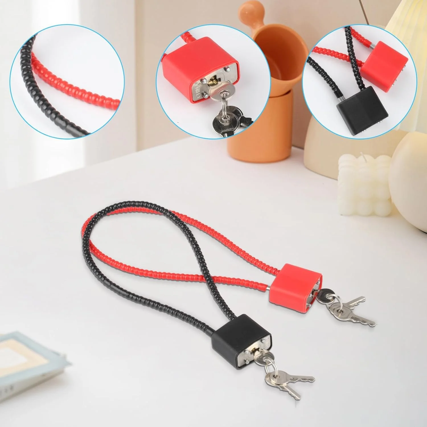 قفل های طناب فولادی 2 عددی با کلید و طناب فولادی، قفل با حلقه بلند مناسب فضای باز، قفل کابل انعطاف پذیر برای سطل زباله چرخدار، دوچرخه، چمدان، دروازه، کمد باشگاه، قفل های سیمی مناسب فضای داخلی و خارجی