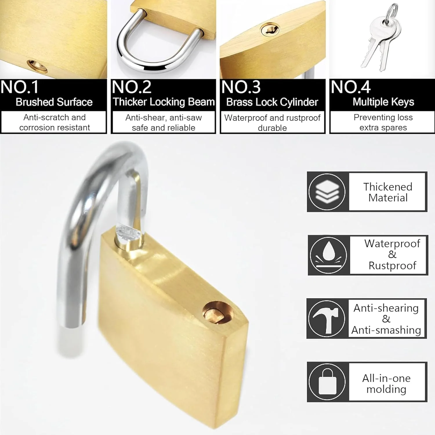 قفل برنجی جامد 4 عددی با کلیدهای مشابه، قفل بدنه پهن 30 میلی متری، قفل امنیتی کوچک در فضای باز، قفل انباری برای فضای باز یا داخلی برای قفسه های ورزشی، کیف، حصار و کوله پشتی