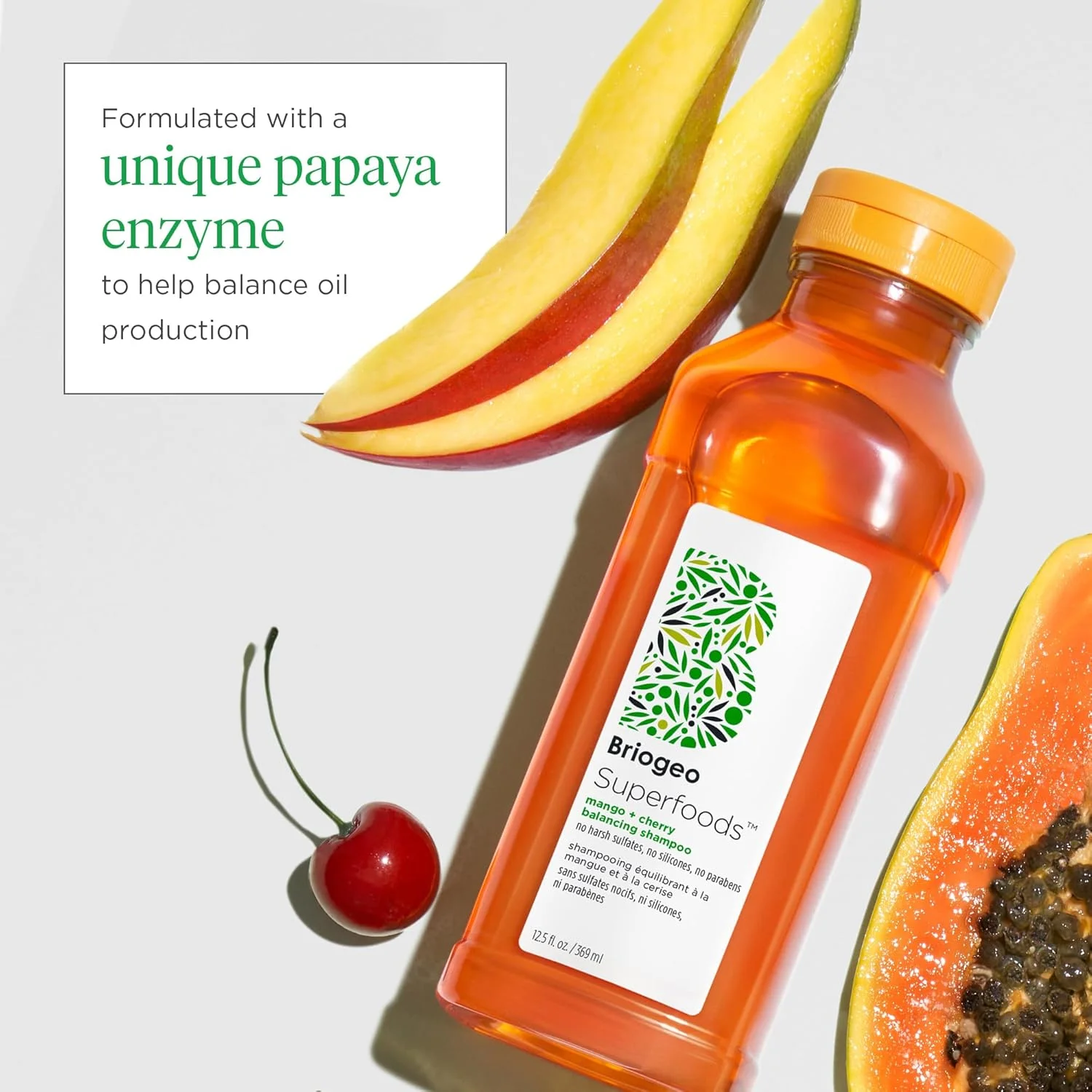 شامپو متعادل کننده چربی و کنترل کننده چربی انبه + گیلاس سوپرفودز بریوجیو | احیا کننده موهای کدر و خشک و متعادل کننده چربی | وگان، بدون فتالات و پارابن | 369 میلی لیتر