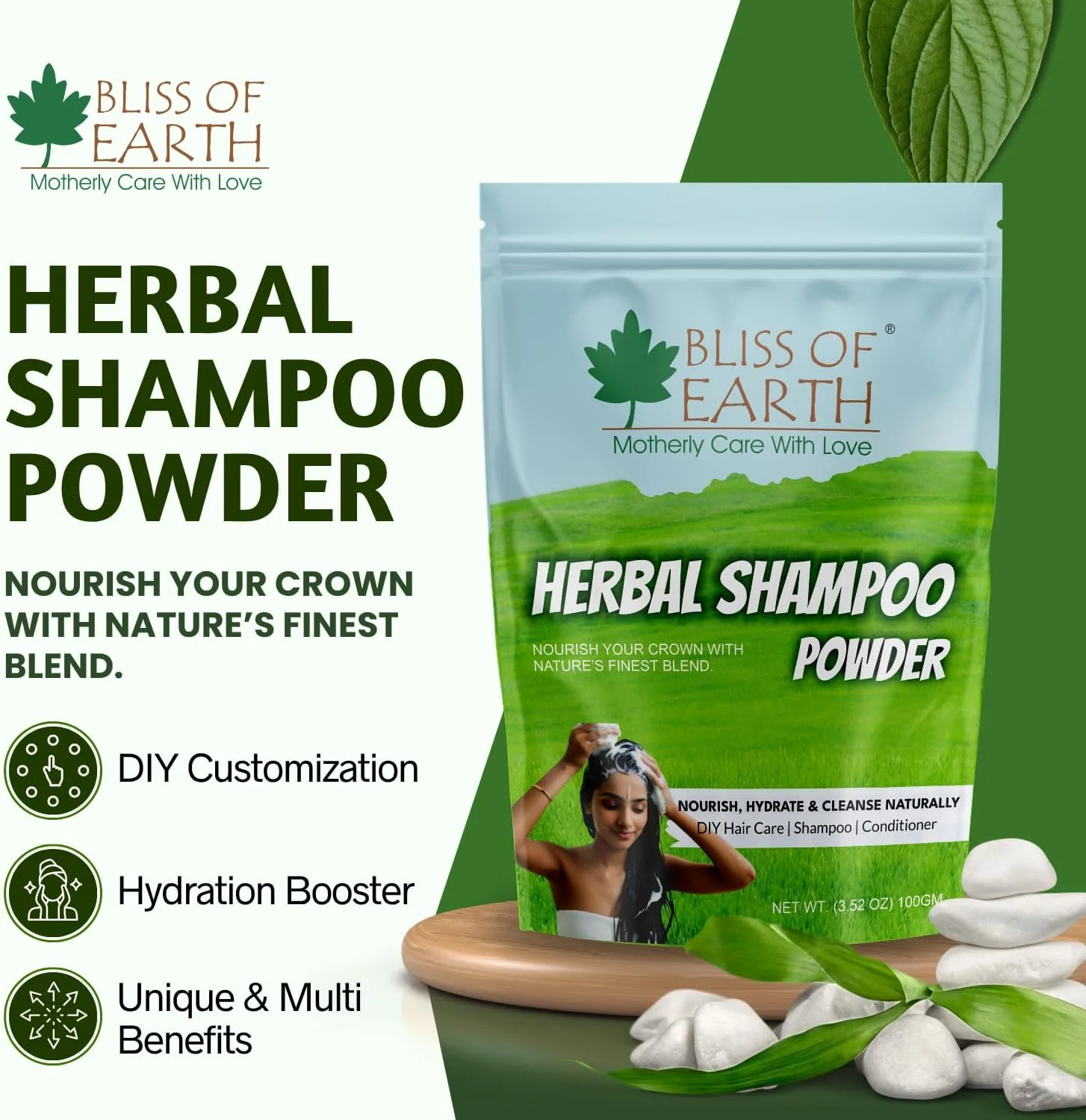 پودر شامپو گیاهی طبیعی بلیس آف ارث، 100 گرم، پاک کننده موی آیورودا با آملا، اریتا، شیکاکای و شنبلیله