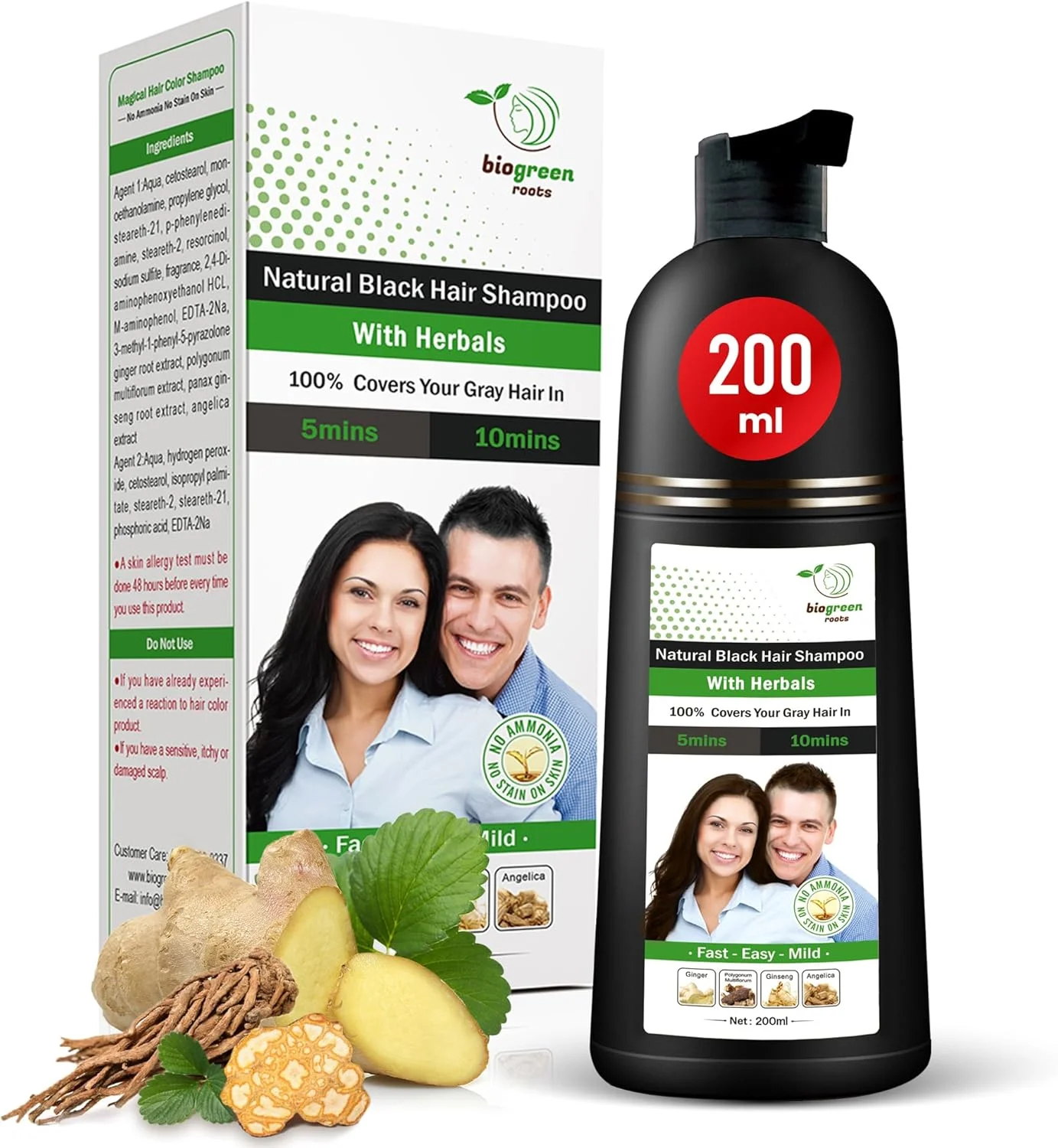 شامپو رنگ موی مشکی گیاهی و طبیعی BIOGREEN ROOTS - پوشش موهای سفید در 10 دقیقه - رنگ مو برای آقایان، خانم ها، انواع مو - رنگ موی مشکی طبیعی - حجم 200 میلی لیتر