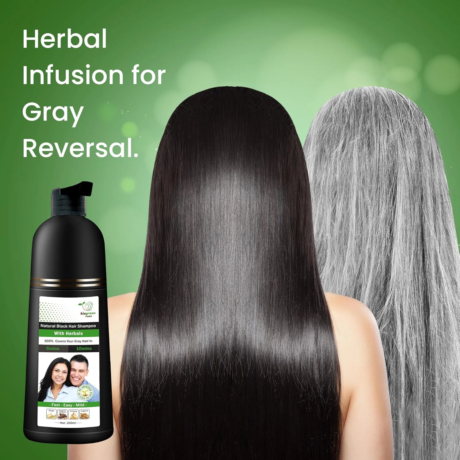 شامپو رنگ موی مشکی گیاهی و طبیعی BIOGREEN ROOTS - پوشش موهای سفید در 10 دقیقه - رنگ مو برای آقایان، خانم ها، انواع مو - رنگ موی مشکی طبیعی - حجم 200 میلی لیتر