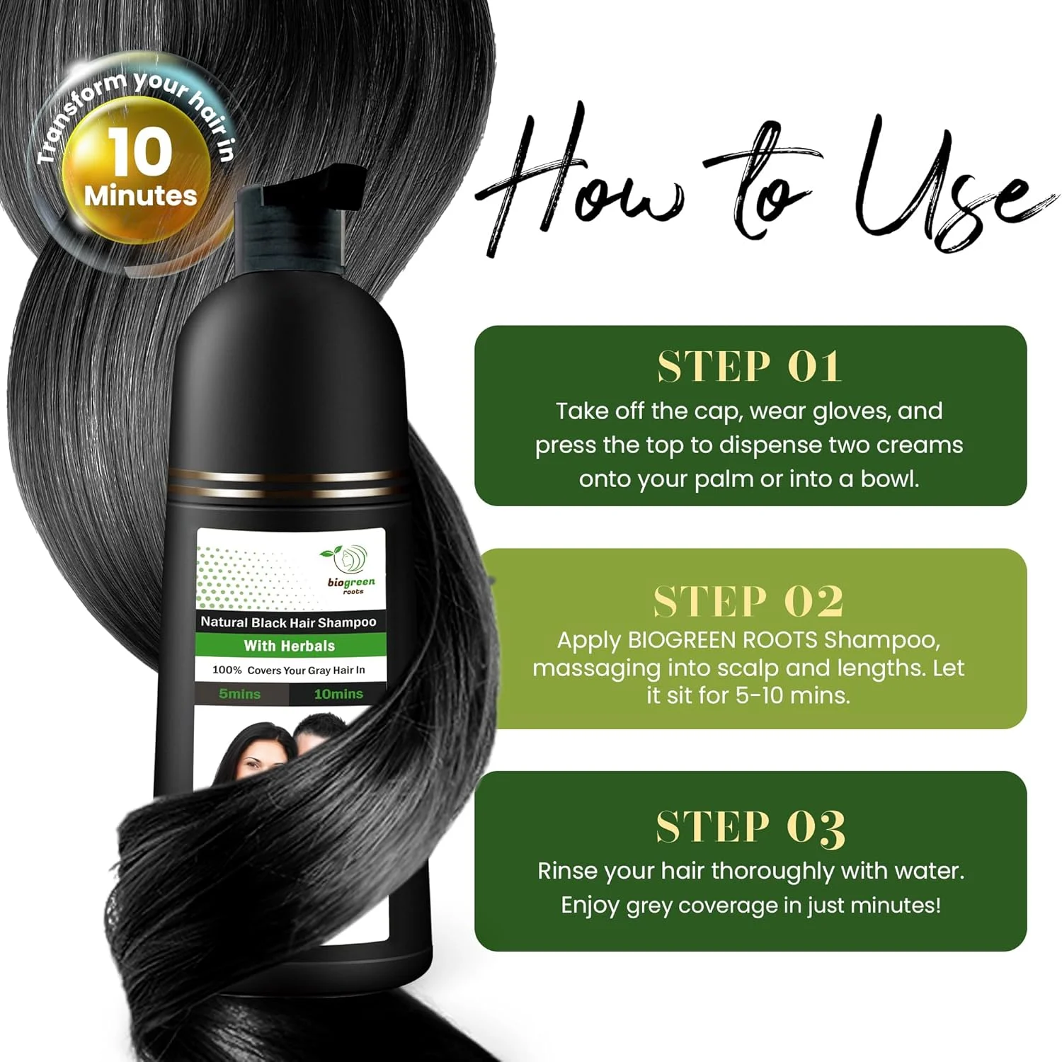 شامپو رنگ موی مشکی گیاهی و طبیعی BIOGREEN ROOTS - پوشش موهای سفید در 10 دقیقه - رنگ مو برای آقایان، خانم ها، انواع مو - رنگ موی مشکی طبیعی - حجم 200 میلی لیتر