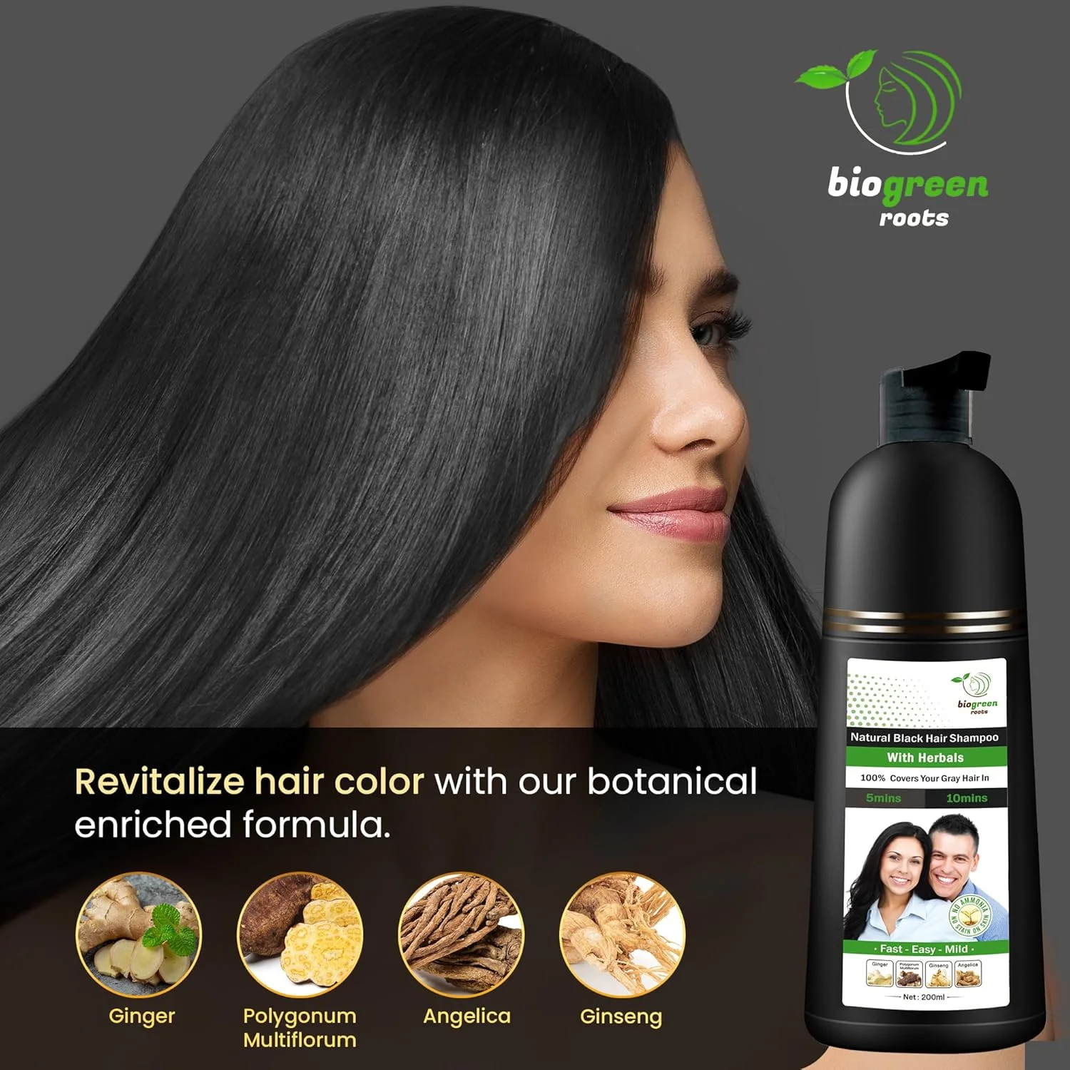 شامپو رنگ موی مشکی گیاهی و طبیعی BIOGREEN ROOTS - پوشش موهای سفید در 10 دقیقه - رنگ مو برای آقایان، خانم ها، انواع مو - رنگ موی مشکی طبیعی - حجم 200 میلی لیتر