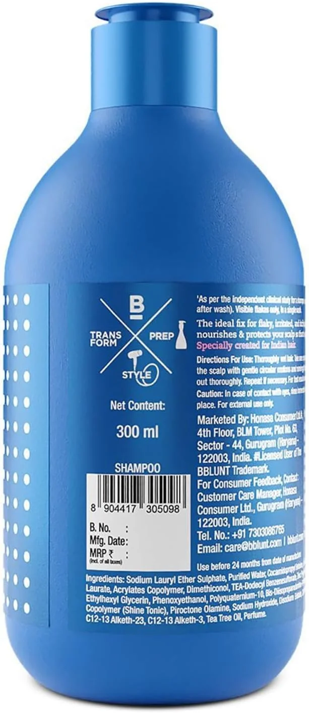شامپو ضد شوره سر بی بلانت حاوی زینک پیریتیون و درخت چای | برای پوست سر تمیز و سالم | کاهش شوره سر تا 100% | کنترل چربی، افزایش درخشندگی | فاقد سولفات و پارابن، برای آقایان و بانوان | 300 میلی لیتر