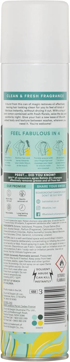شامپو خشک اورجینال باتیست - رایحه مرکباتی و طراوت بخش - طراوت سریع برای انواع مو - احیا کننده موهای چرب - مراقبت از مو - محصولات مو و زیبایی - 350 میلی لیتر