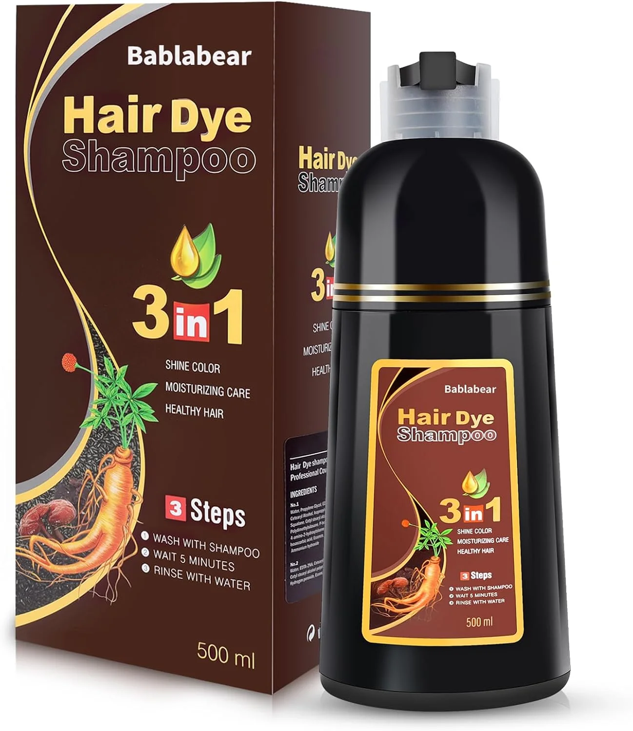 شامپو رنگ موی قهوه ای شاه بلوطی Bablabear برای موهای سفید 500 میلی لیتر، شامپو رنگ موی فوری برای آقایان و بانوان - شامپو رنگ 3 در 1 برای موهای تیره - رنگ دهی در چند دقیقه - ماندگاری طولانی - استفاده آسان و ایمن