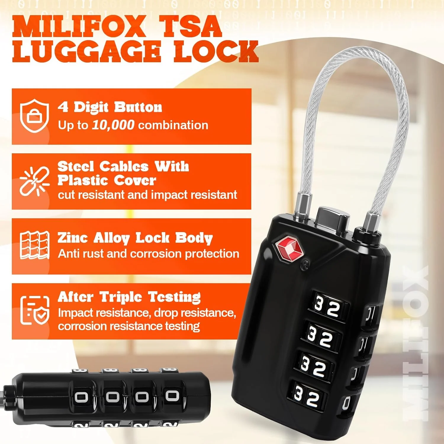 قفل های مورد تایید TSA میلی فاکس، قفل های ترکیبی 4 رقمی با آلیاژ روی، قفل های امنیتی کوچک رمز عبور برای چمدان های مسافرتی، کیف ها، کوله پشتی ها (بسته 2 عددی)