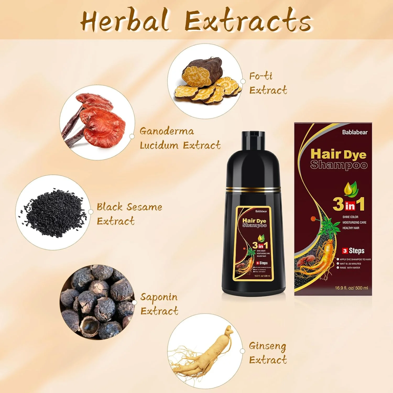 شامپو رنگ موی قهوه ای شاه بلوطی Bablabear برای موهای سفید 500 میلی لیتر، شامپو رنگ موی فوری برای آقایان و بانوان - شامپو رنگ 3 در 1 برای موهای تیره - رنگ دهی در چند دقیقه - ماندگاری طولانی - استفاده آسان و ایمن