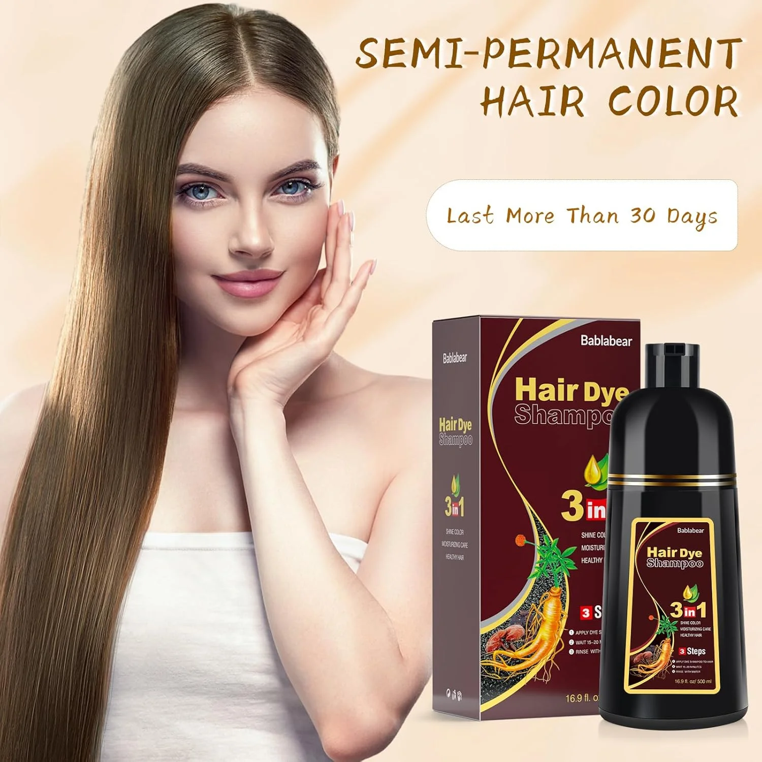 شامپو رنگ موی قهوه ای شاه بلوطی Bablabear برای موهای سفید 500 میلی لیتر، شامپو رنگ موی فوری برای آقایان و بانوان - شامپو رنگ 3 در 1 برای موهای تیره - رنگ دهی در چند دقیقه - ماندگاری طولانی - استفاده آسان و ایمن