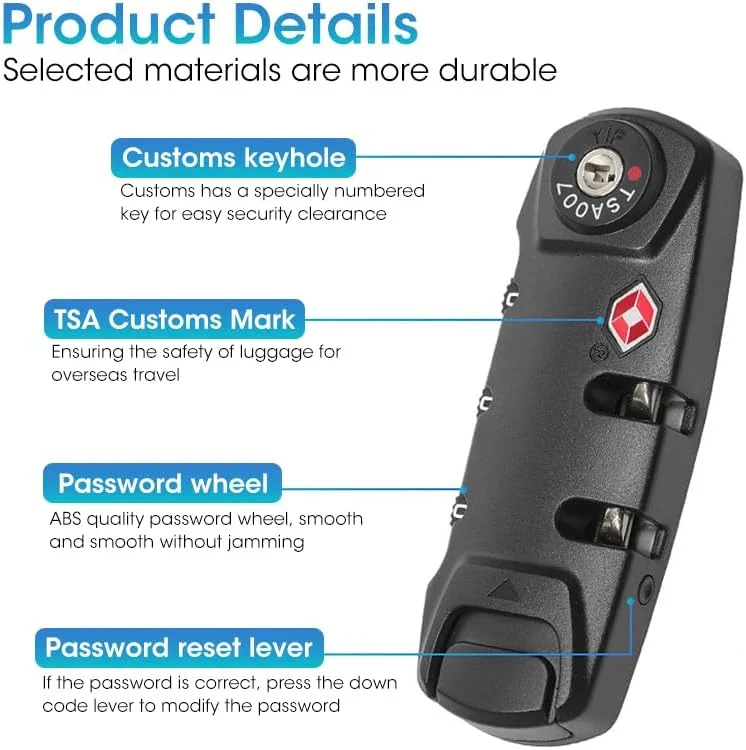 قفل امنیتی TSA007 HASTHIP®، قفل چمدان TSA، قفل ترکیبی 3 رقمی خود تنظیم شونده، قفل ضد سرقت چمدان، آلیاژ روی بادوام، برای چمدان، کوله پشتی، چرخ دستی و کیف مسافرتی (مشکی)