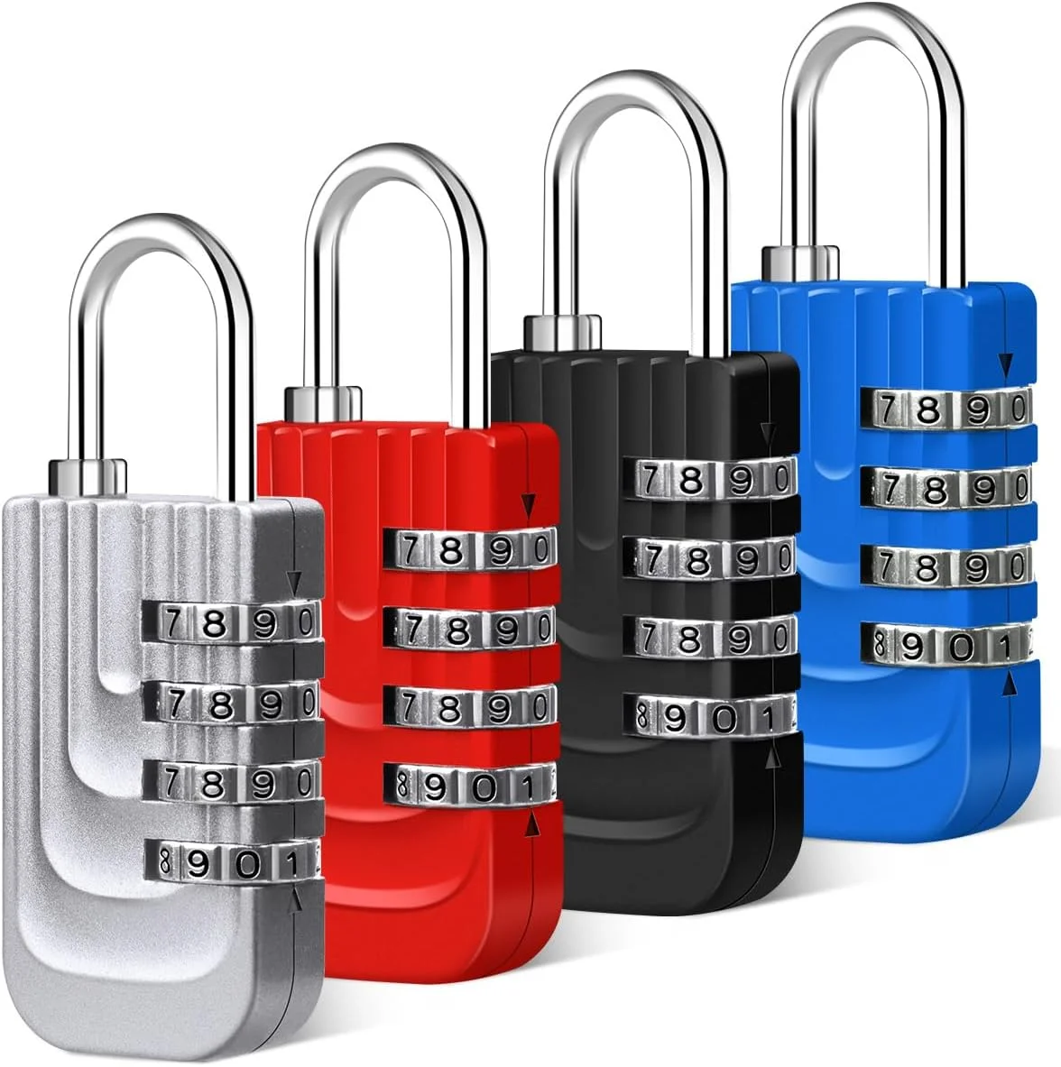 قفل رمزی Homarket، بسته 4 عددی قفل فلزی برای کمدهای ورزشی، قفل های رمزی، قفل ورزشی، قفل کمد، قفل ضد آب برای کمد، درب بیرونی، سوله (مشکی خاکستری آبی قرمز)