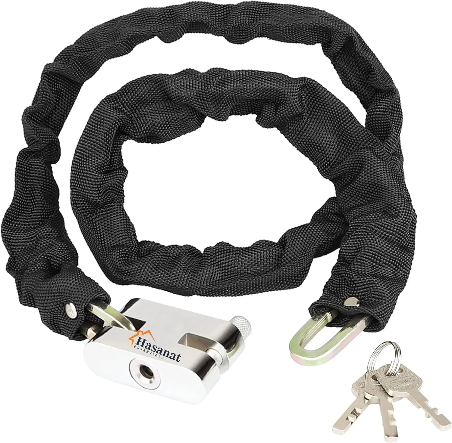 قفل زنجیره ای سنگین حسنات Essentials – قفل ضد سرقت با امنیت بالا به همراه 3 کلید و روکش محافظ، قفل ضد آب برای دوچرخه، موتورسیکلت، اسکوتر، دروازه و حصار (همراه با روکش)