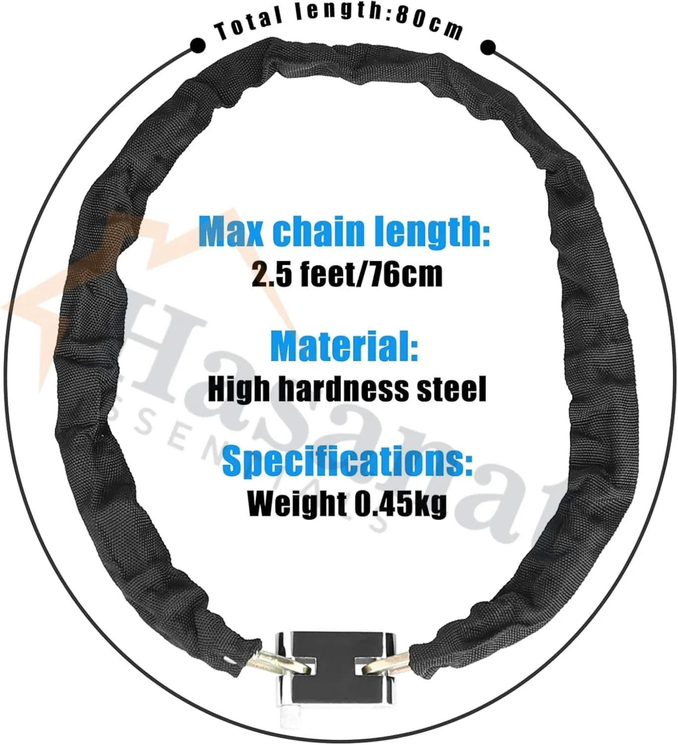قفل زنجیره ای سنگین حسنات Essentials – قفل ضد سرقت با امنیت بالا به همراه 3 کلید و روکش محافظ، قفل ضد آب برای دوچرخه، موتورسیکلت، اسکوتر، دروازه و حصار (همراه با روکش)
