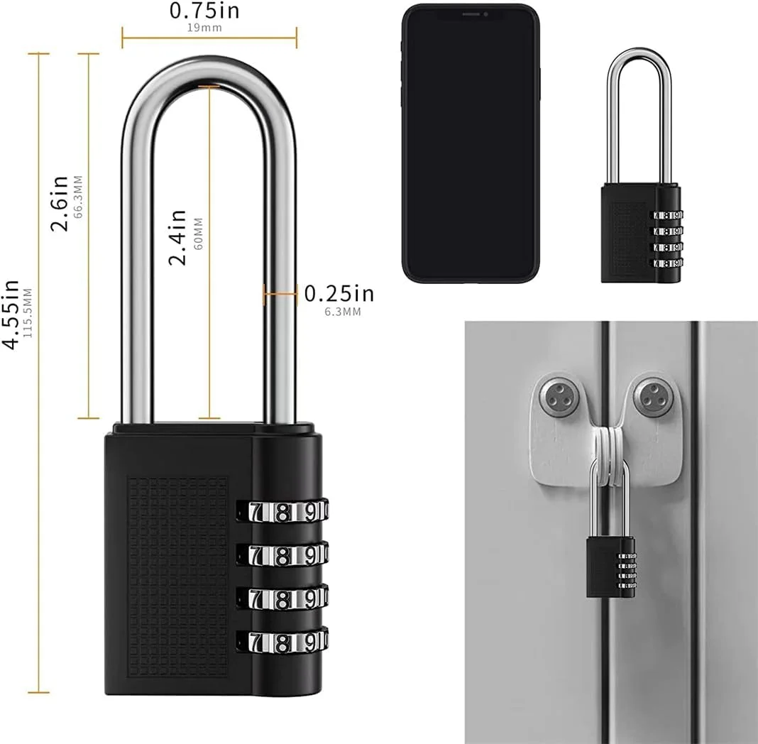قفل ترکیبی فندونیو، قفل 4 رقمی مشکی، حلقه بلند، ضد آب مناسب فضای باز، قفل کمدهای مدرسه، باشگاه، دروازه، حصار، جعبه ابزار، بست، سوله (2 عدد)