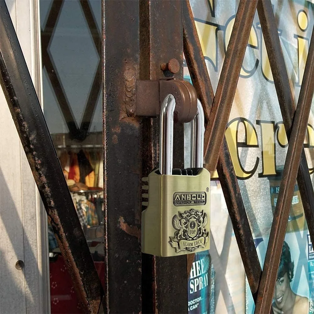 قفل آلارم دار GreatYYT - قفل ضد سرقت سنگین - صدای آلارم 120db - ضد آب و هوا برای انبار، کامیون با 4 کلید (10mm) برنزی