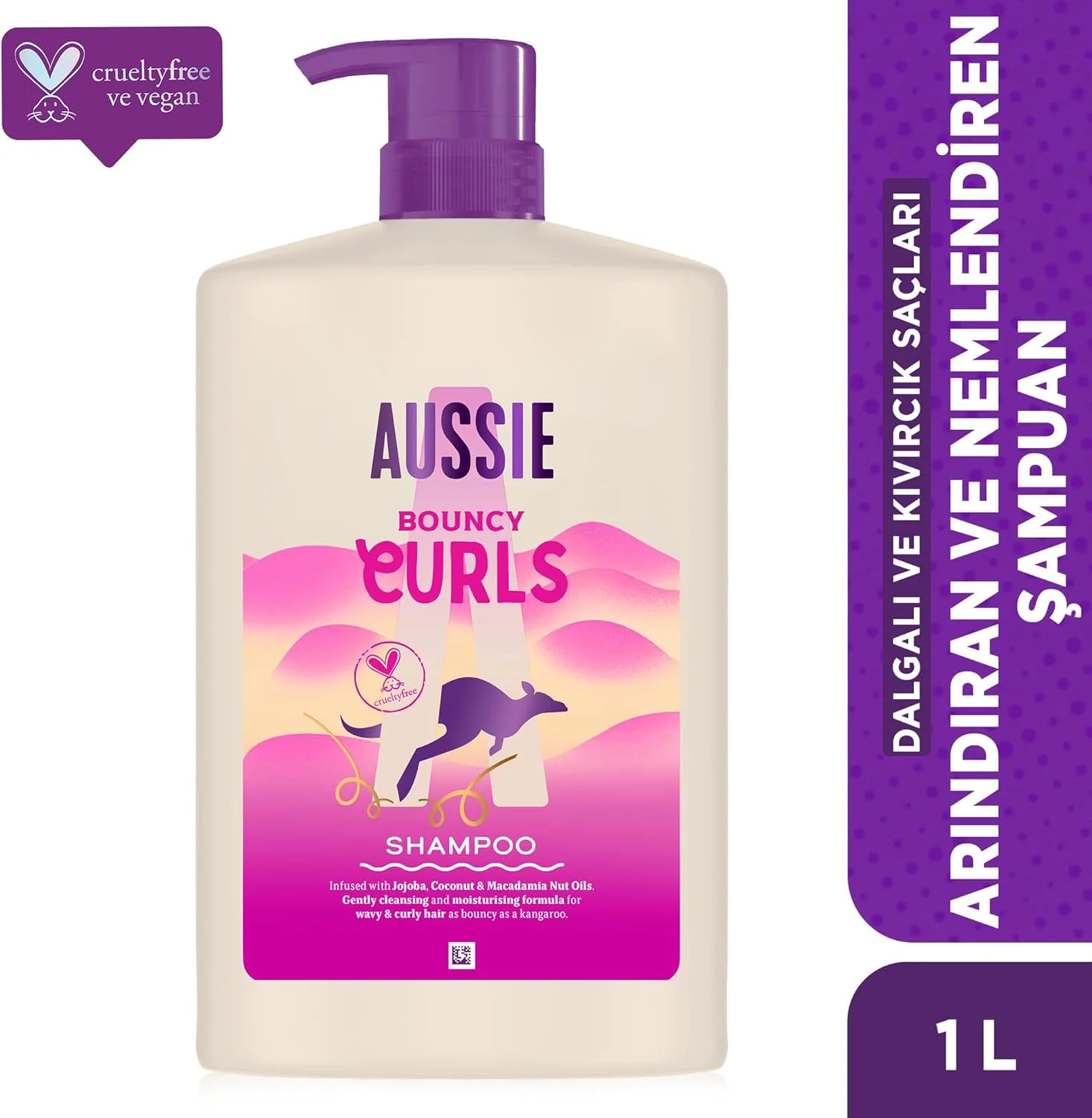 شامپو موی فر Aussie مدل Bouncy Curls حجم 1000 میلی لیتر، پاک کننده ملایم و آبرسان برای موهای موج دار و فر، حاوی روغن جوجوبا، نارگیل و ماکادمیا استرالیایی، فاقد سیلیکون، وگان و بدون تست حیوانی