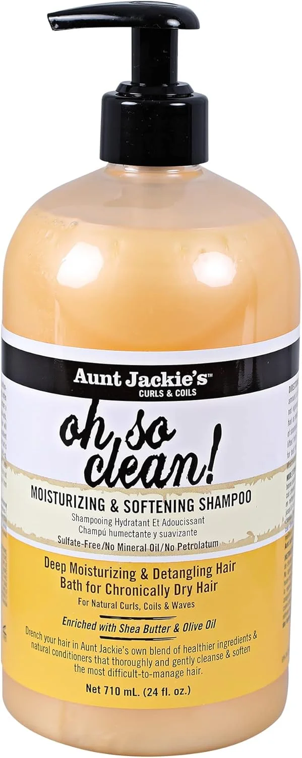 شامپو مو آبرسان و نرم کننده Aunt Jackie's Curls and Coils Oh So Clean، پمپ بزرگ 710 میلی لیتری، مناسب برای موهای فر، مجعد و موج دار، غنی شده با کره شی