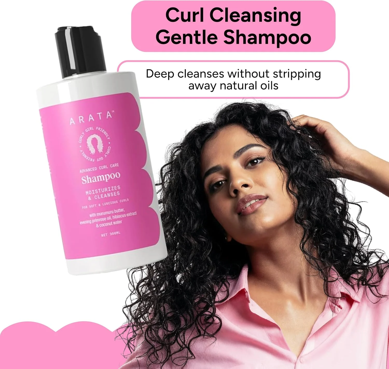 شامپو مراقبت پیشرفته از موهای فر آراتا (300 میلی لیتر) | کره مورومورو، روغن گل مغربی، عصاره هیبیسکوس و آب نارگیل | پاک کننده و ترمیم کننده موهای آسیب دیده | مورد تایید CG