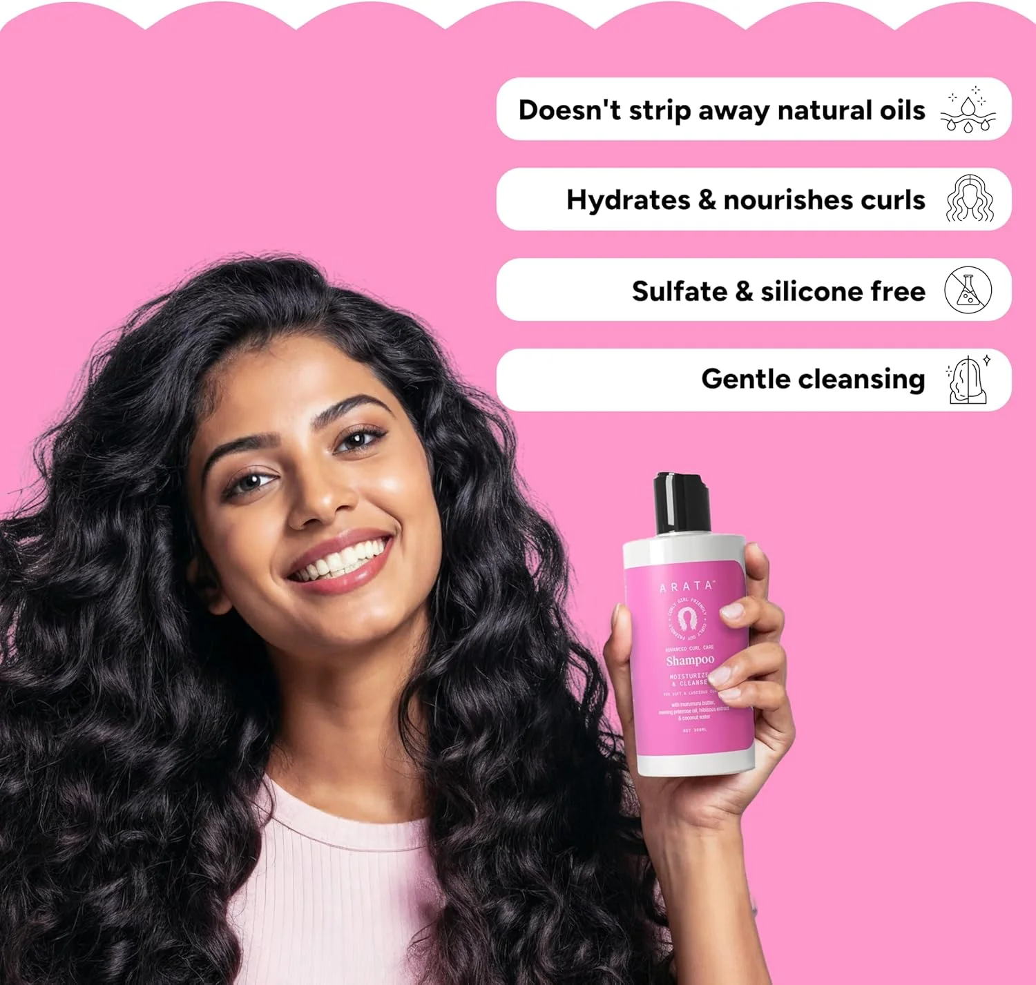 شامپو مراقبت پیشرفته از موهای فر آراتا (300 میلی لیتر) | کره مورومورو، روغن گل مغربی، عصاره هیبیسکوس و آب نارگیل | پاک کننده و ترمیم کننده موهای آسیب دیده | مورد تایید CG