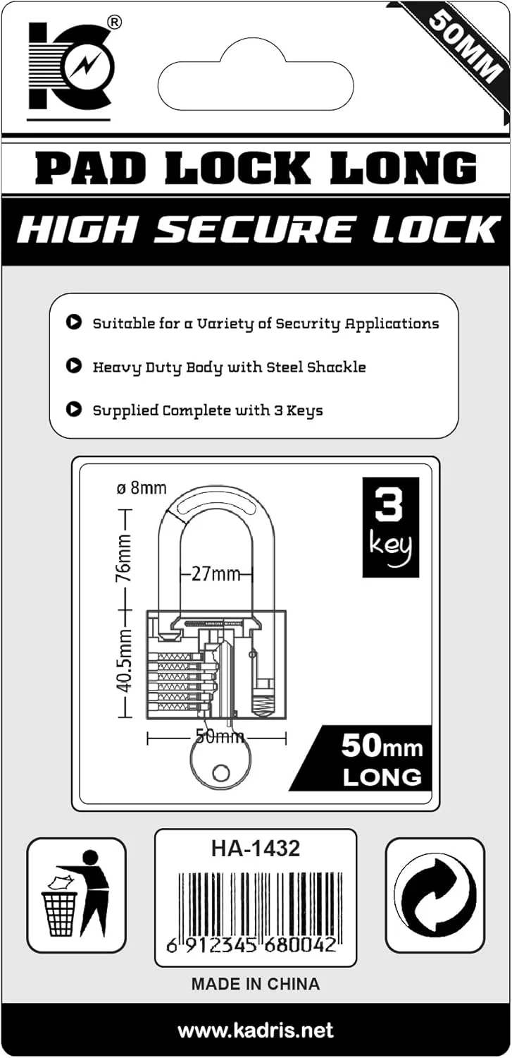 قفل آویز برنجی سنگین کادریس مدل HA-1432، سایز 50 میلی متر، کروم
