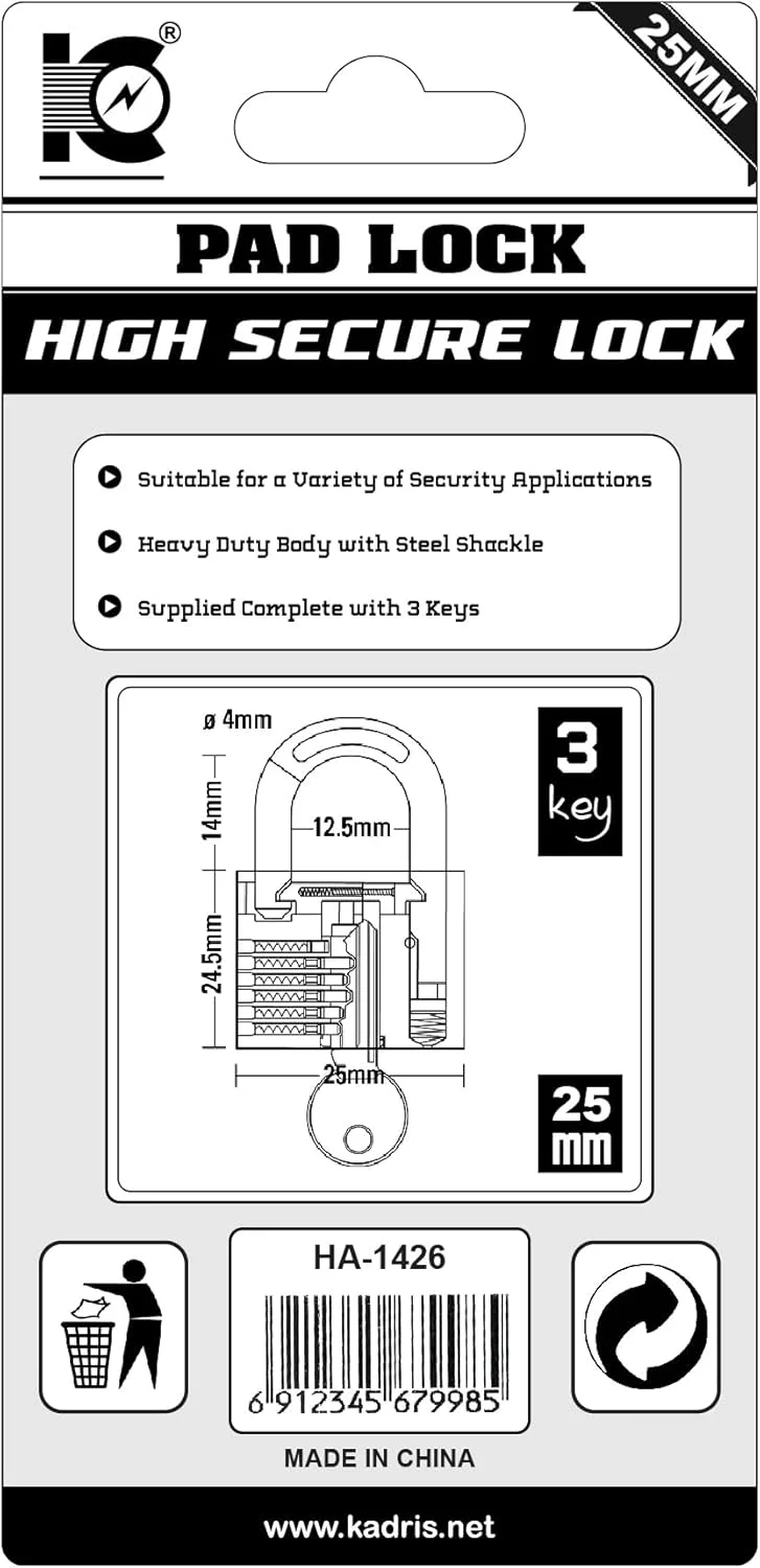 قفل آویز برنجی سنگین کادریس مدل HA-1426، سایز 25 میلی متر، کروم