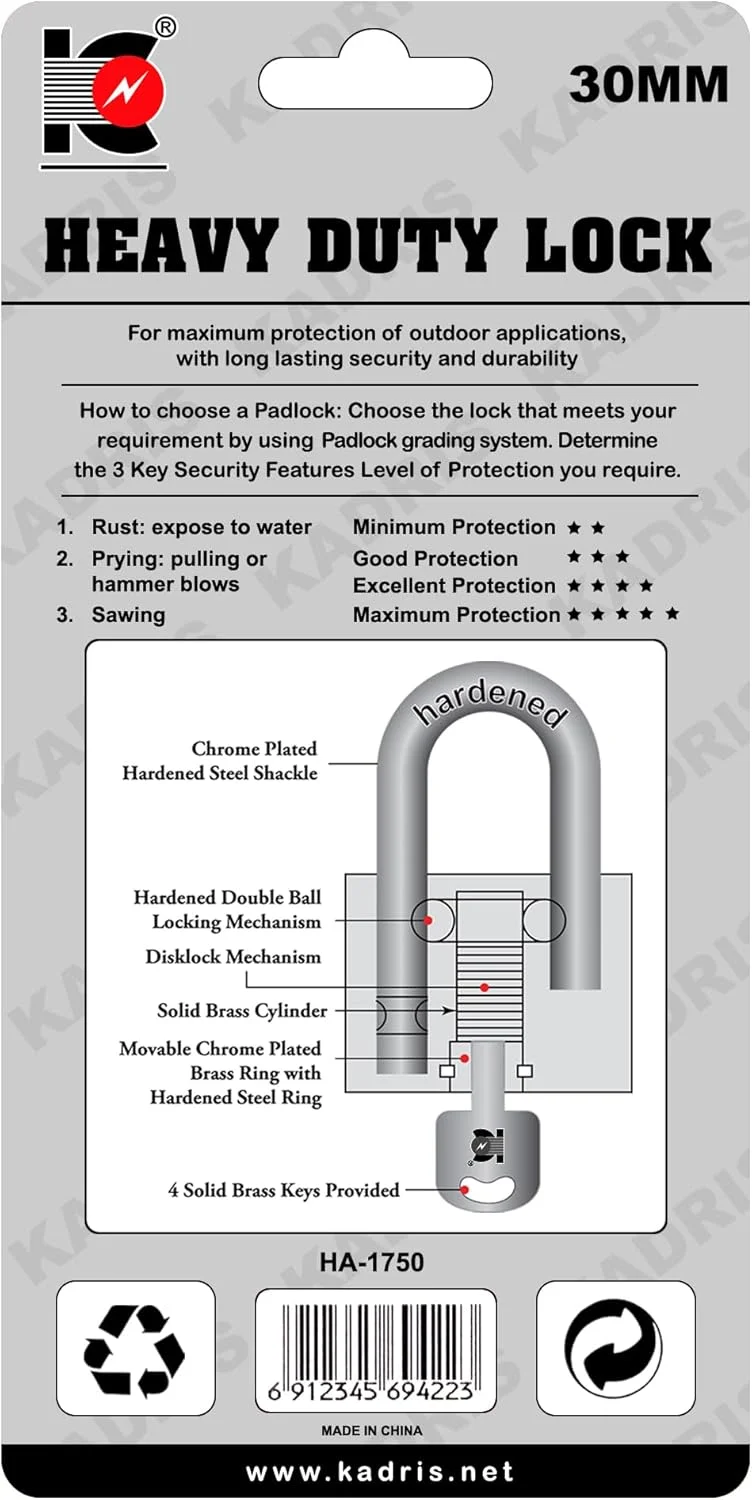 قفل آویز فولادی سنگین کادریس مدل HA-1750، سایز 30 میلی متر، نقره ای