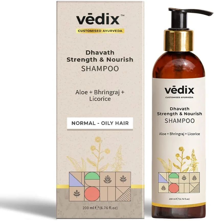 شامپو آیورودیک ودیکس، شامپو تقویت کننده و مغذی داوات بدون سولفات برای موهای معمولی/چرب، حاوی آلوئه ورا، برینگراج، کینوا - 200 میلی لیتر