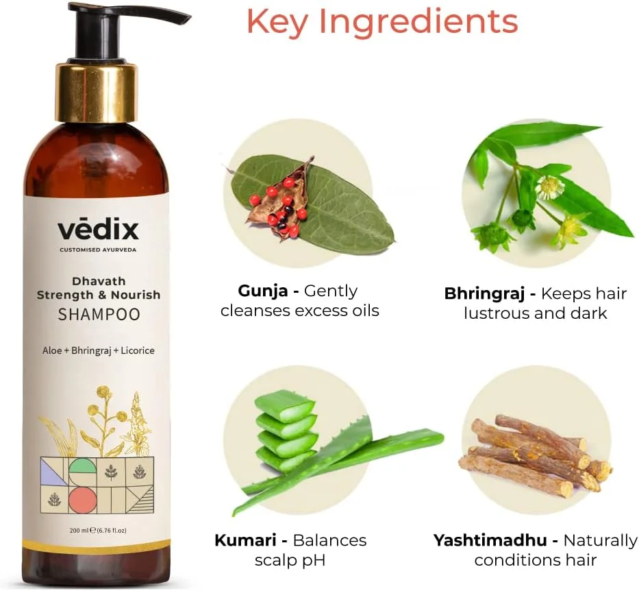 شامپو آیورودیک ودیکس، شامپو تقویت کننده و مغذی داوات بدون سولفات برای موهای معمولی/چرب، حاوی آلوئه ورا، برینگراج، کینوا - 200 میلی لیتر