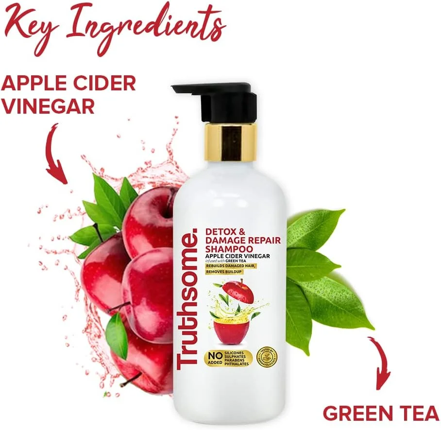 شامپو سم زدایی و ترمیم کننده Truthsome با سرکه سیب و چای سبز، بدون سیلیکون، سولفات، پارابن، فتالات 300 میلی لیتر