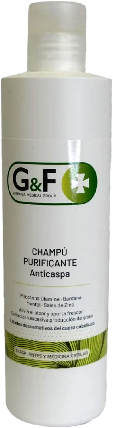 G&F TRANSPLANTES Y MEDICINA CAPILAR شامپو ضد شوره. شامپو موهای چرب در بطری 300 میلی لیتری. شامپو ضد شوره که تولید بیش از حد چربی را کنترل می کند. شامپو شوره سر چرب. شامپو سانته.