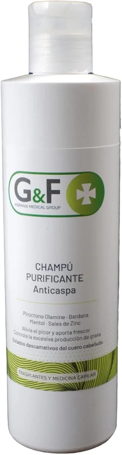 G&F TRANSPLANTES Y MEDICINA CAPILAR شامپو ضد شوره. شامپو موهای چرب در بطری 300 میلی لیتری. شامپو ضد شوره که تولید بیش از حد چربی را کنترل می کند. شامپو شوره سر چرب. شامپو سانته.