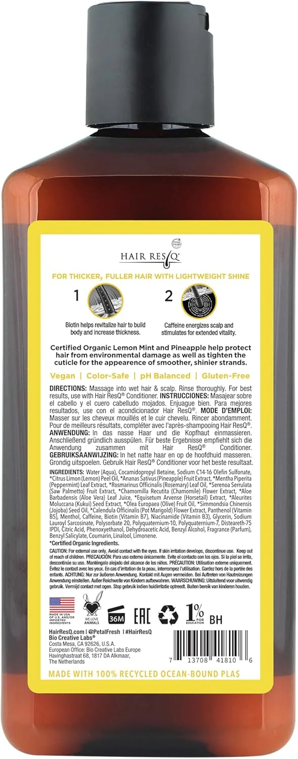 شامپو تقویت کننده و افزایش درخشش مو پتال فرش Hair ResQ، ۳۵۵ میلی لیتر | لیمو نعناع و آناناس ارگانیک | برای بهبود درخشش، حجم، صافی و ضخیم شدن مو | بدون پارابن، بدون سولفات و وگان