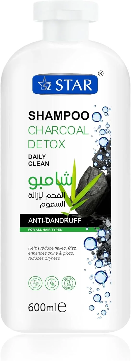 شامپو ضد شوره سم زدای زغال فعال اس زد استار 600 میلی لیتر - خنک کننده پوست سر با منتول و کنترل کننده پوسته - مراقبت از خارش پوست سر و شوره سر - شامپو مصرف روزانه برای آقایان و بانوان، مناسب انواع مو
