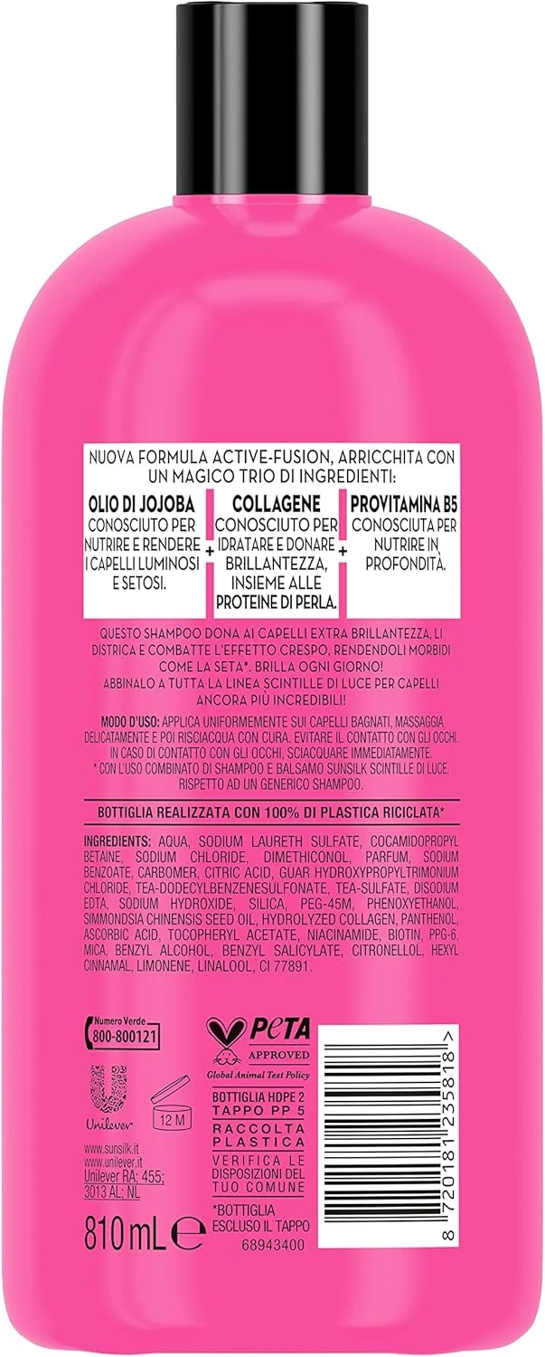 سانسیلک، شامپو درخشان کننده مو، شامپو گره باز کن، درخشان کننده مو، فرمولاسیون Active Fusion حاوی روغن جوجوبا، کلاژن و بیوتین، سایز بزرگ 810 میلی لیتر