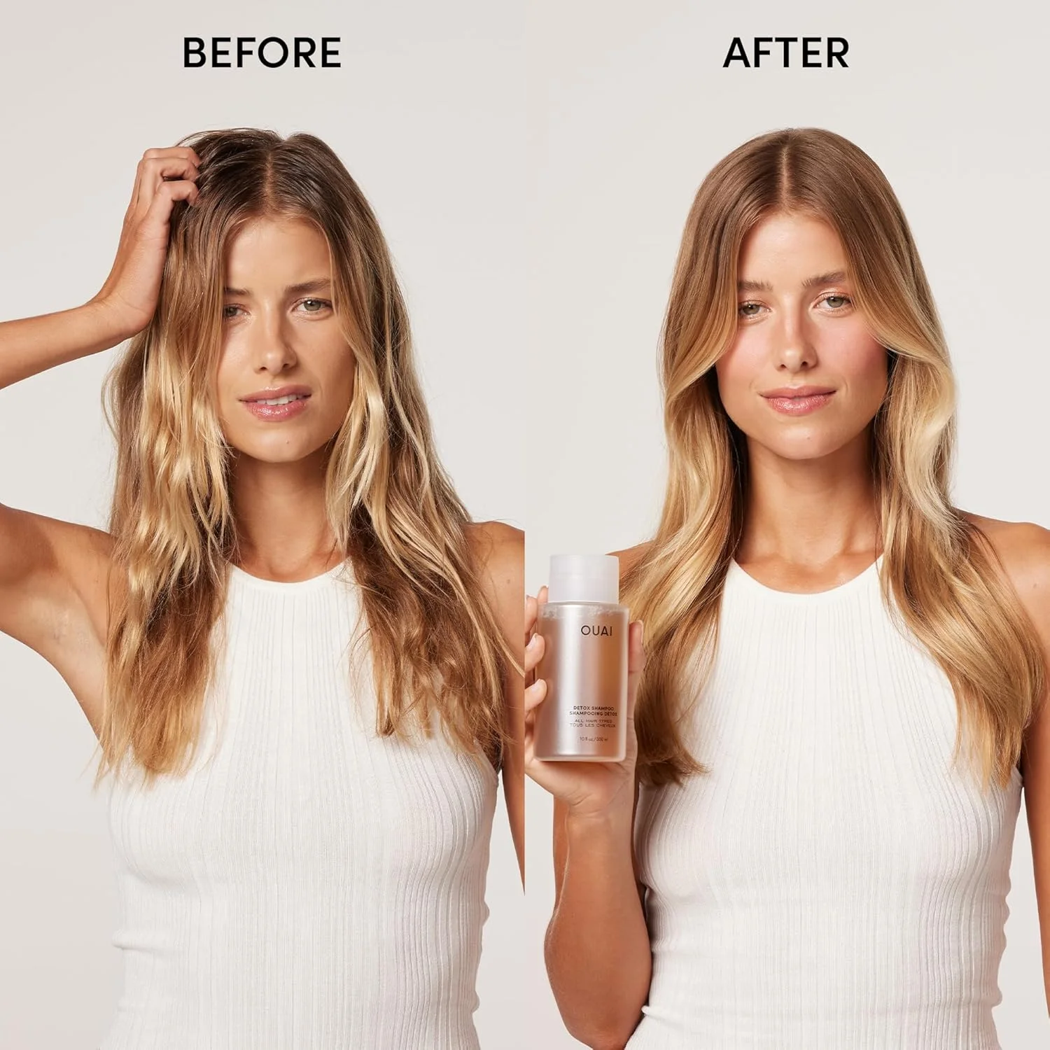 شامپو سم زدای OUAI. پاک کننده عمقی برای از بین بردن آلودگی، چربی، بقایای محصولات و رسوبات آب سخت. موهایی فوق العاده تمیز، نرم و شاداب داشته باشید. فاقد پارابن، سولفات و فتالات (300 میلی لیتر)