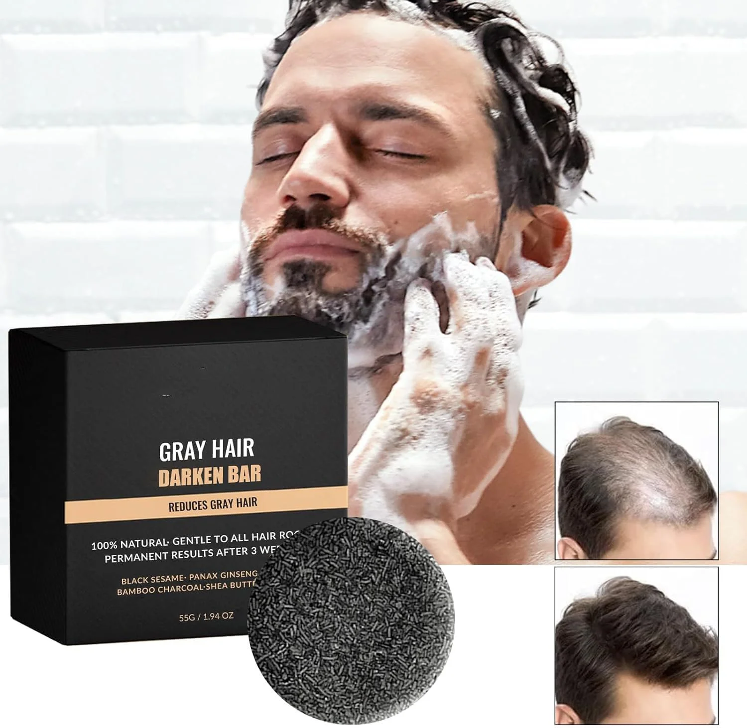 شامپو بار جامد، شامپو صابون سیاه، شامپو موی خاکستری برای موهای سفید خاکستری، صابون ریش، 55 گرم