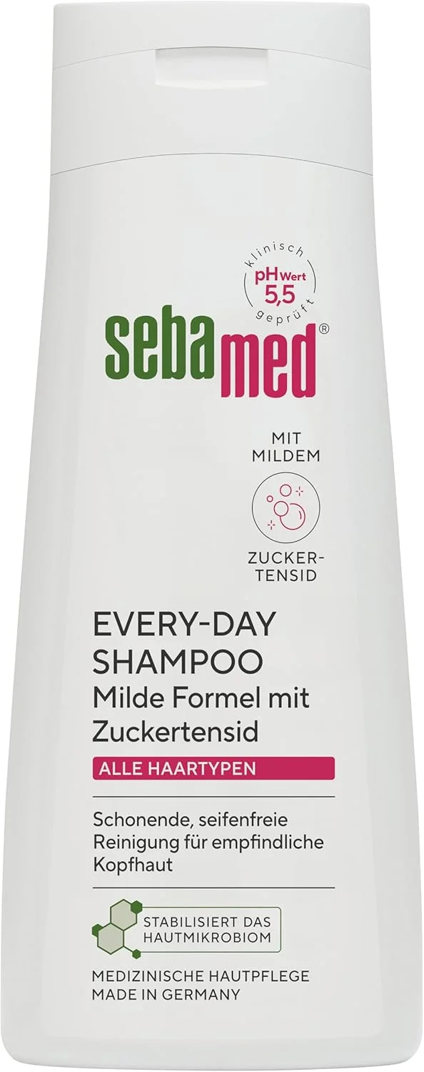 شامپو روزانه سبامد 200 میلی لیتر، شامپو مو برای آقایان و بانوان، ملایم، پاک کننده بدون صابون برای پوست سر حساس، بسیار ملایم به لطف فرمول سورفکتانت قند، مناسب برای انواع مو