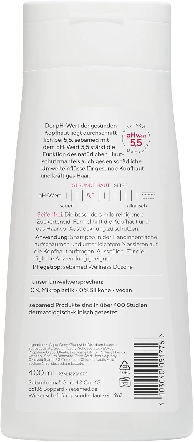 شامپو روزانه سبامد 400 میلی لیتر، شامپو مو برای آقایان و بانوان، ملایم، پاک کننده بدون صابون برای پوست سر حساس، بسیار ملایم به لطف فرمول سورفکتانت قند، مناسب برای انواع مو