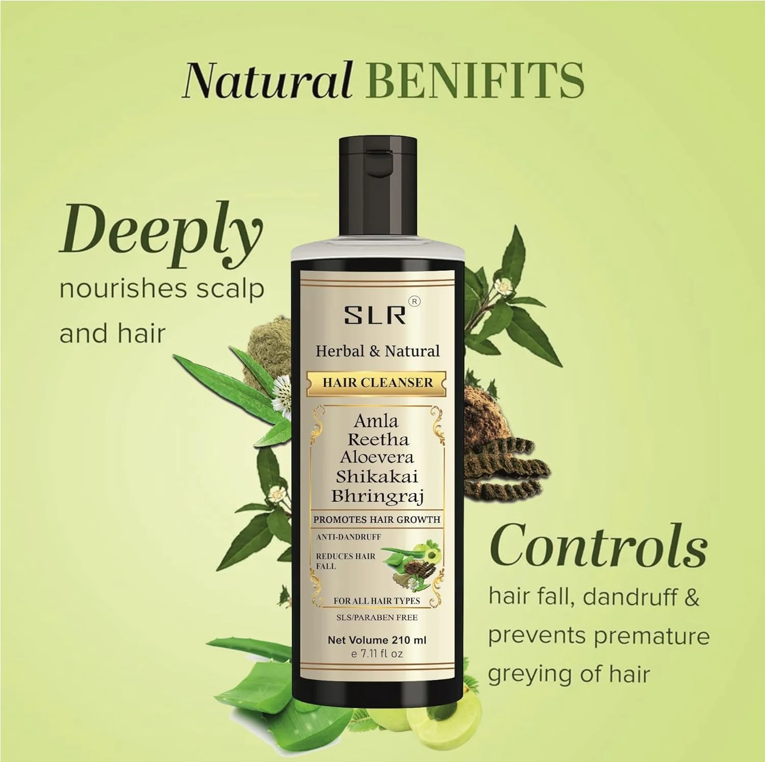 شامپو گیاهی و طبیعی آملا، ریتا، آلوئه ورا، شیکاکای و برینگراج SLR Khadi - شامپو/پاک کننده بدون SLS و پارابن - 210 میلی لیتر (بسته 1 عددی)